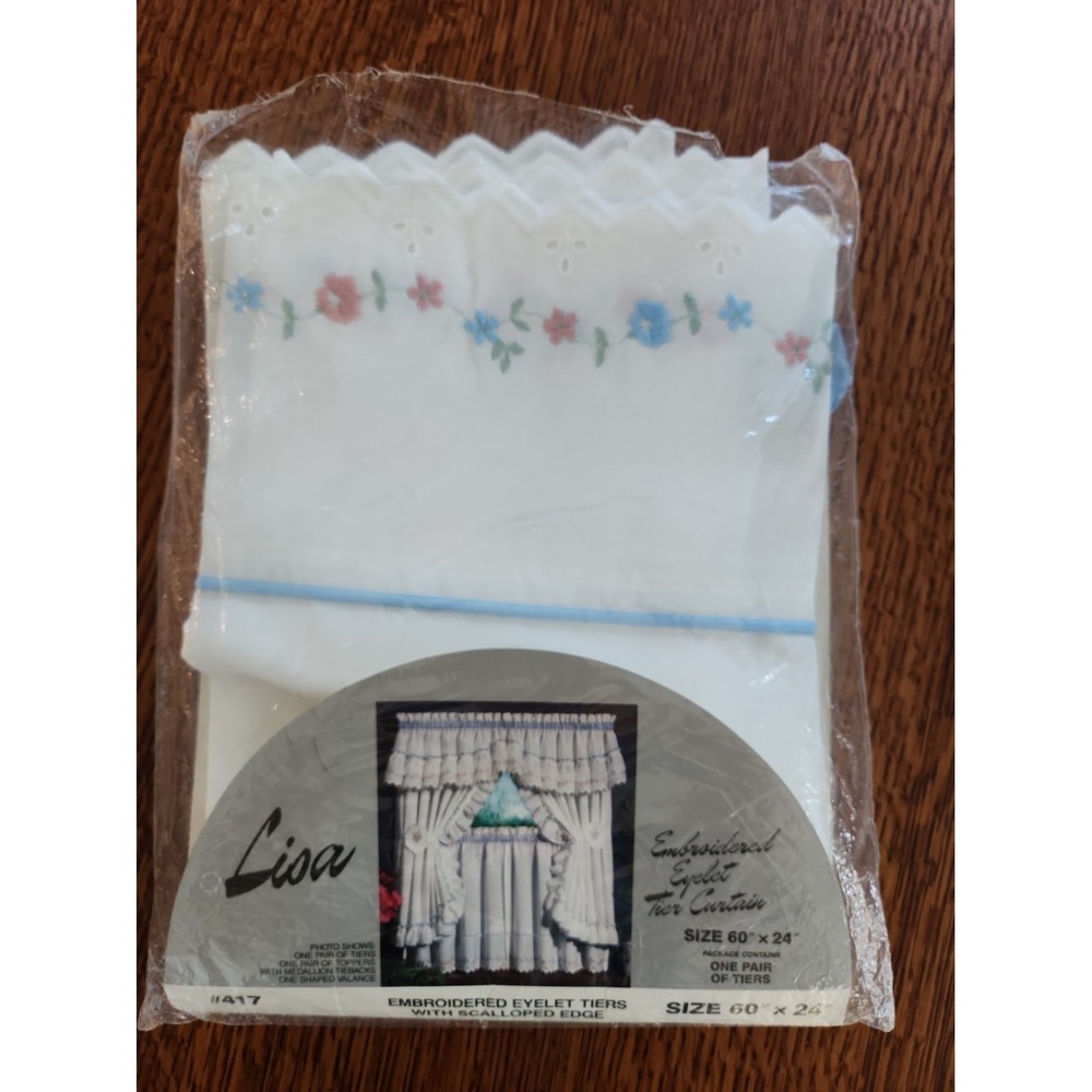 2/30x24-in Embroidered+ White Eyelet Farm Cottage Cafe Tiers Scalloped Edge NOS